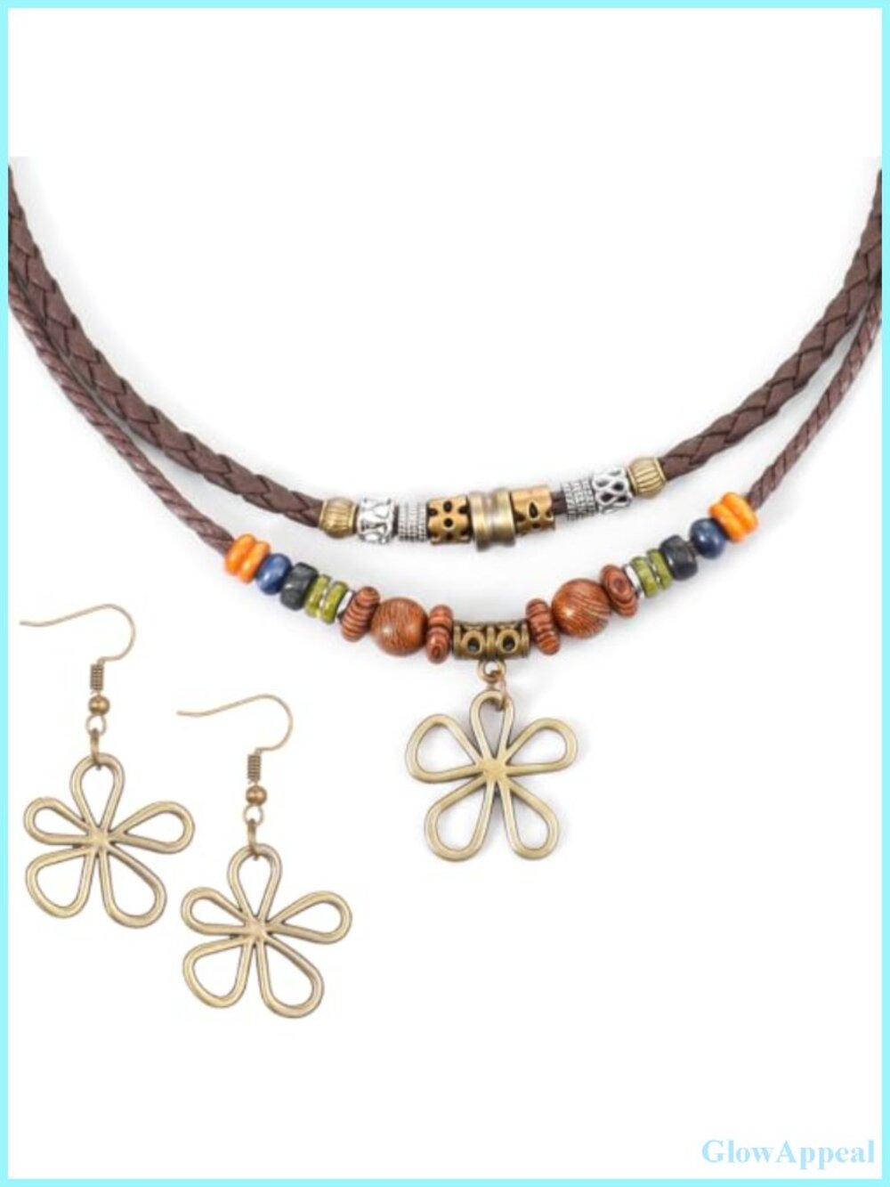 Bohemian Wooden Bead Necklace & Openwork Floral Earrings Set